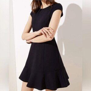 LOFT Black Ponte V-Back Cap Sleeve Flounce Dress LBD, size 6